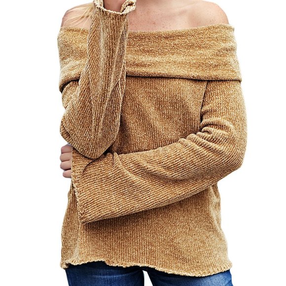 Chic Khaki Soft Velvet Knit Off Shoulder Sweater - Picture 4 of 6